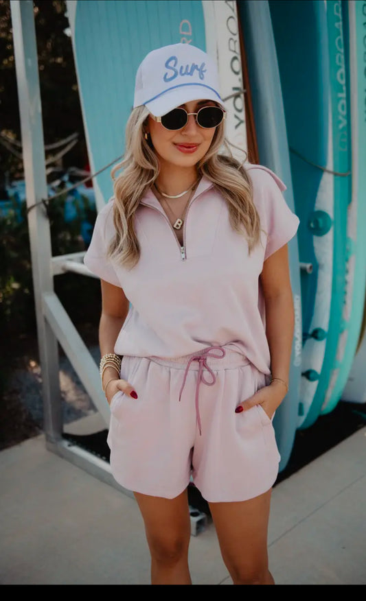 Blush half zip scuba short set