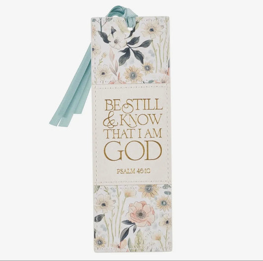 Faux Leather Bookmark Be Still and Know Taupe Floral
