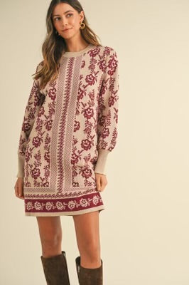 Oatmeal and burgundy floral sweater dress