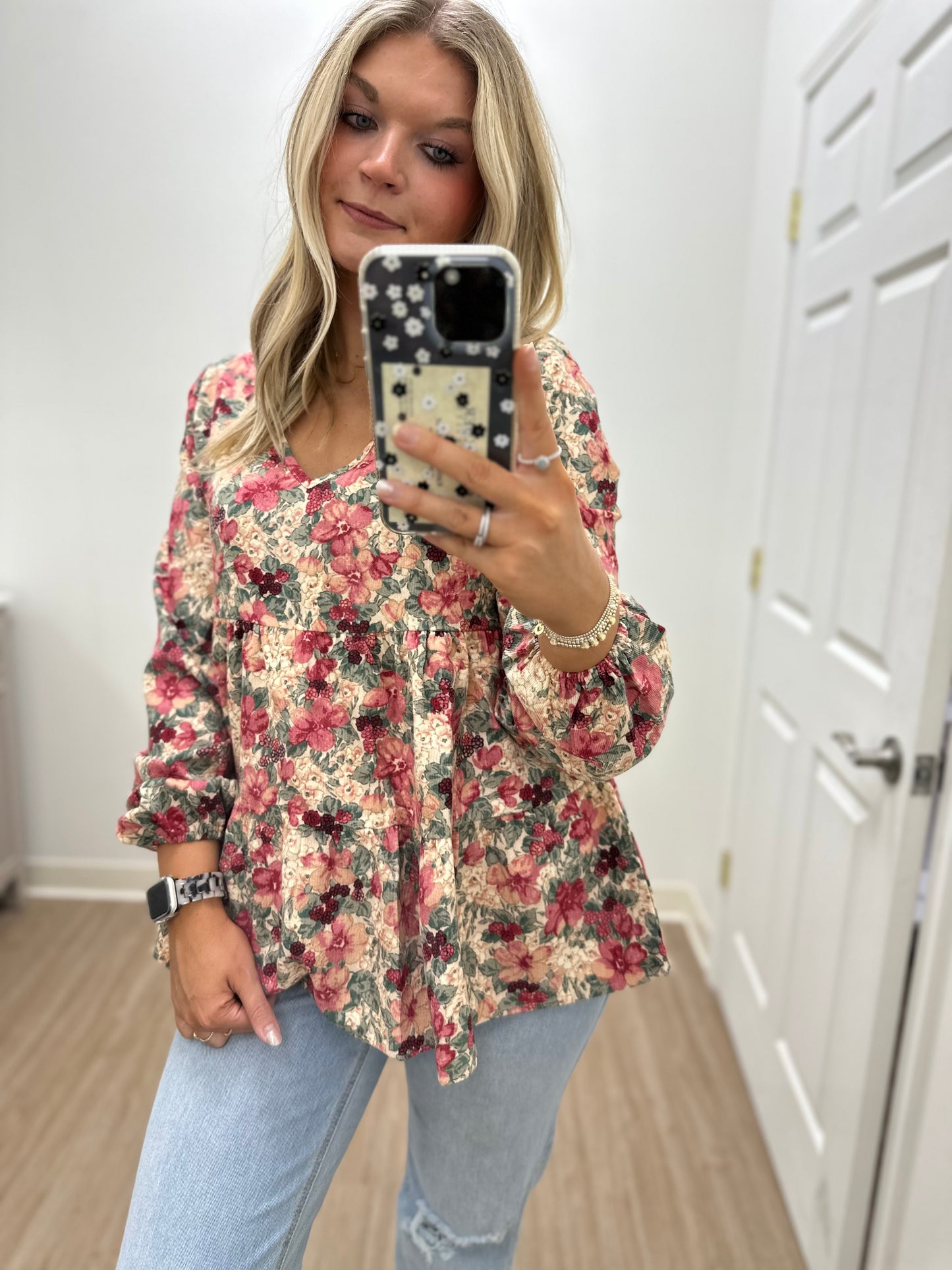 Corduroy Flower Printed Tiered Top