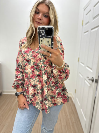 Corduroy Flower Printed Tiered Top