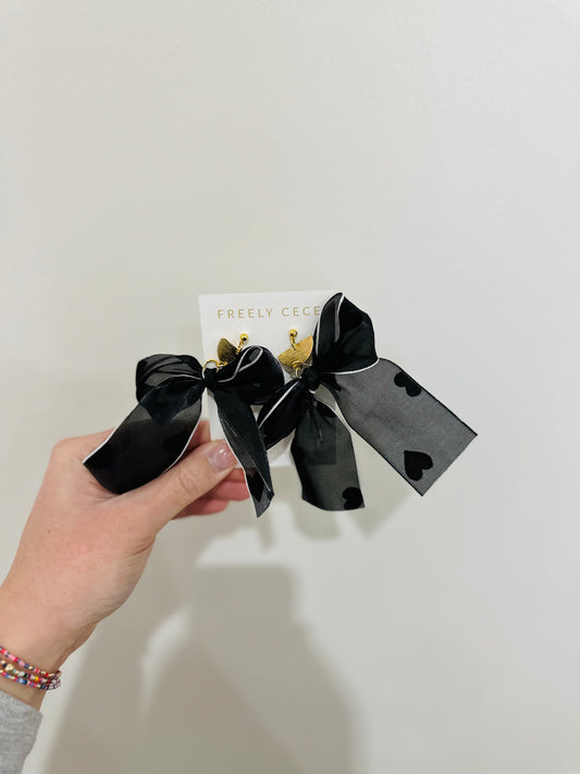 Black w/ Hearts Ribbon Bow Earrings