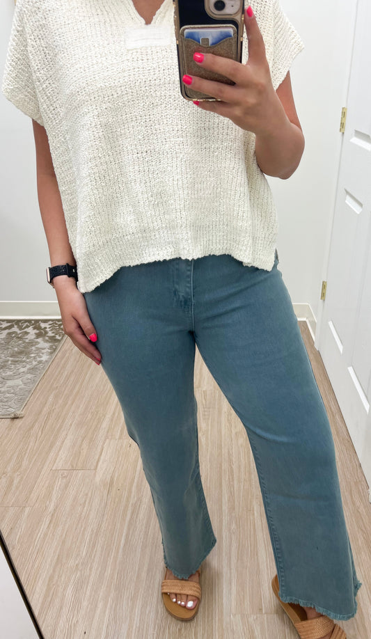 Acid Wash Cutoff Hem Straight Leg Jeans- Teal