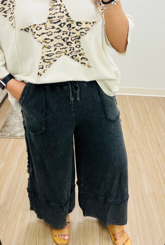 Black Mineral Washed Wide Leg Pants