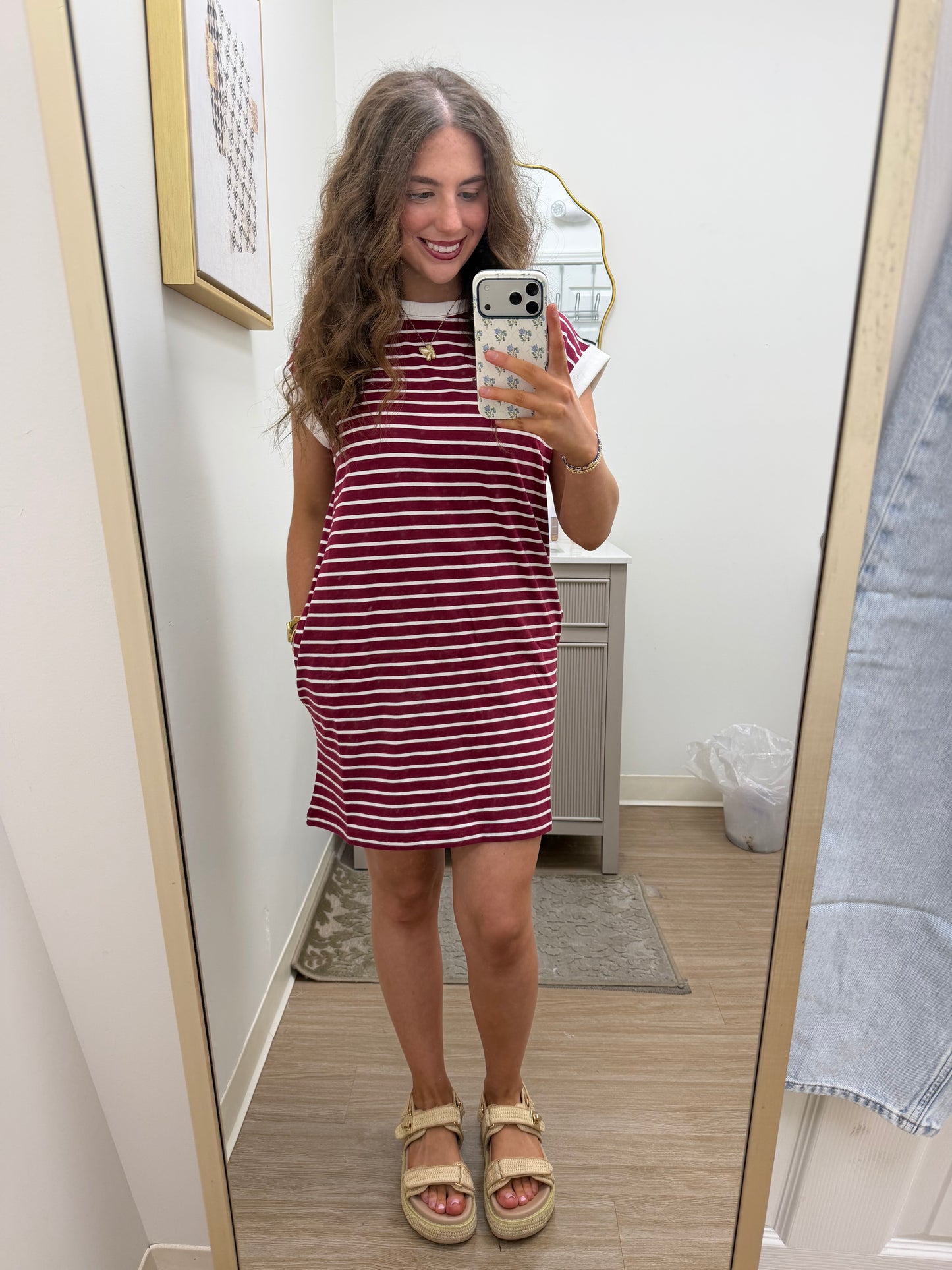 Maroon Striped Tshirt Dress w/Pockets