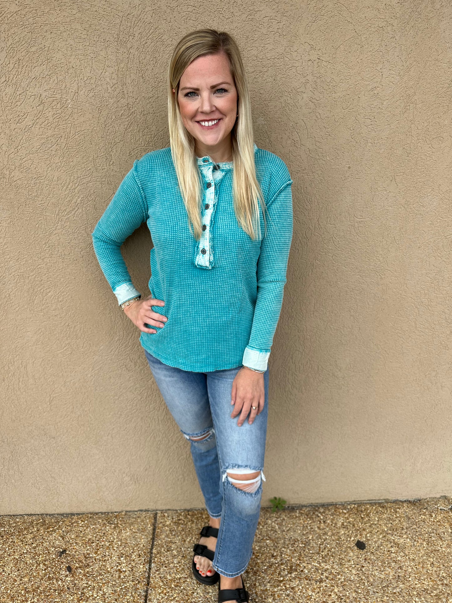 Teal Washed Baby Waffle Top