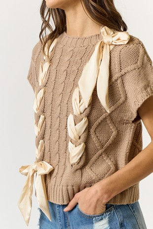 Taupe sweater with satin ribbon