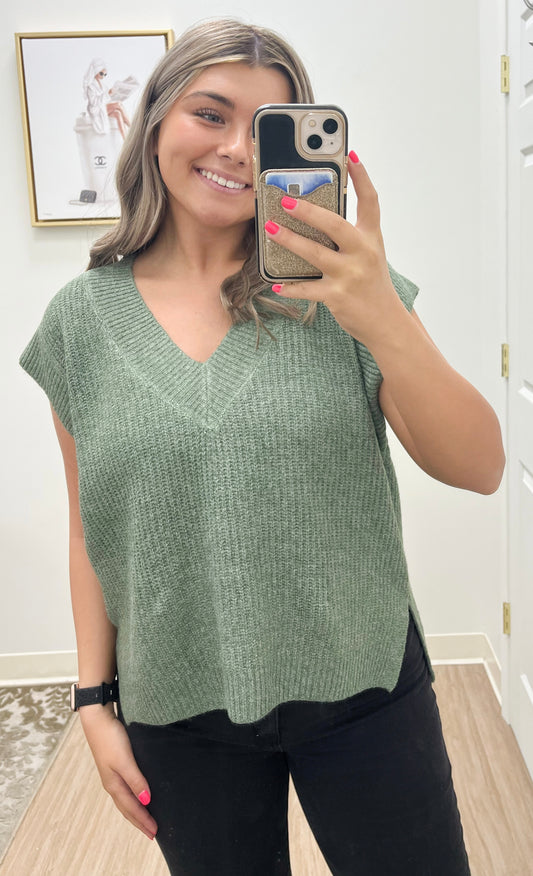 Oversized V-neck Sweater Vest- Light Olive