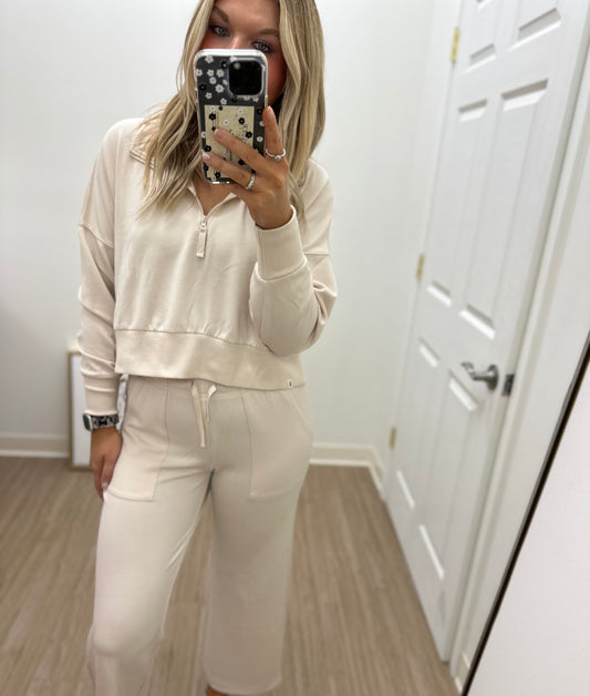 Cream So Soft Flare Pant and quarter zip set