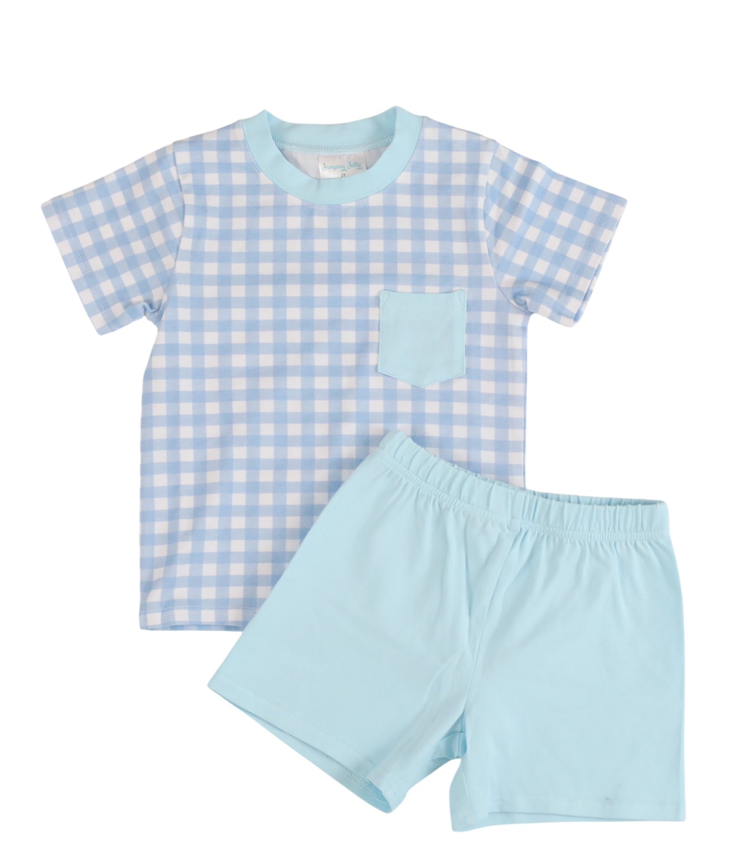 Blue Gingham Boys Set Jumping Jolly