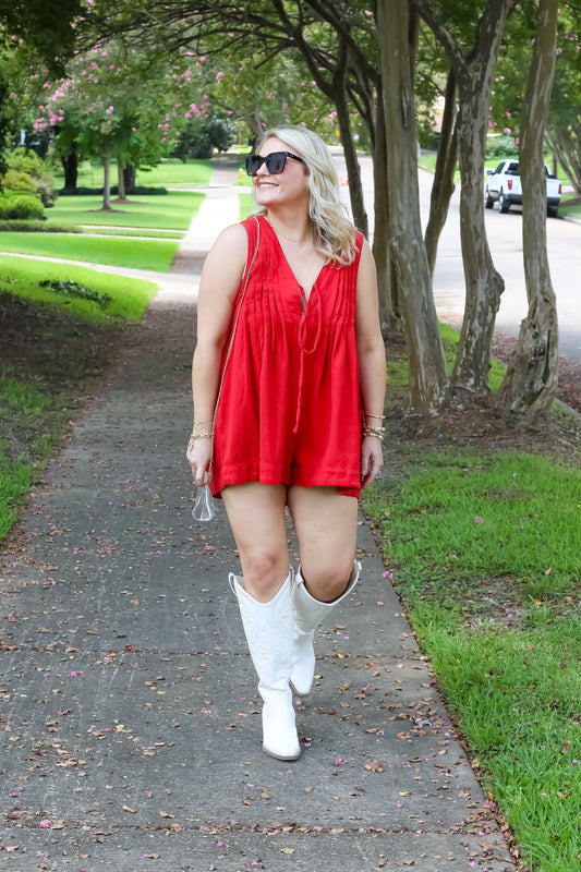 Washed red pleated tie romper