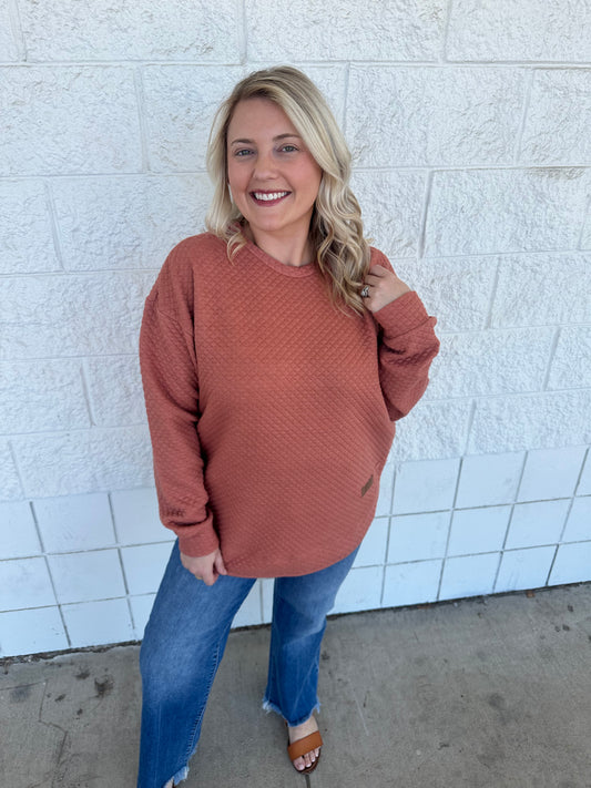 Copper Quilted Rounded Bottom Fleece Crewneck
