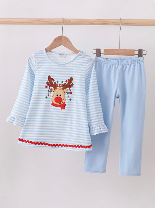 Reindeer Blue Stripe Girl Set
