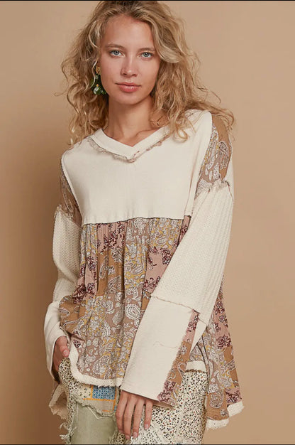 Cream multi v neck boho printed top