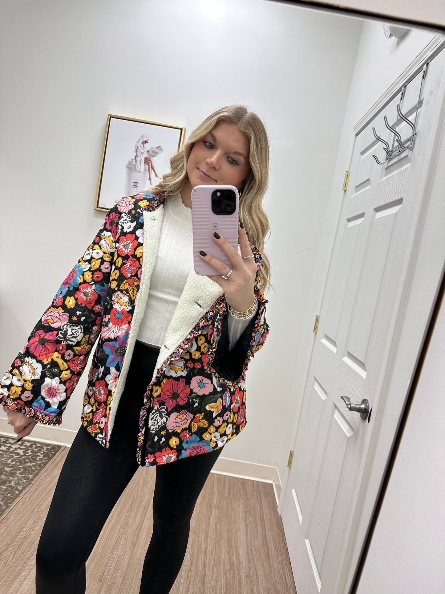 Multi Floral Fur Jacket w/ Ruffle Trim