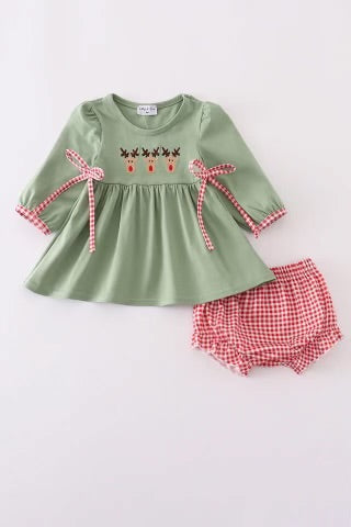 Rudolph Sage and Gingham Bloomer Set