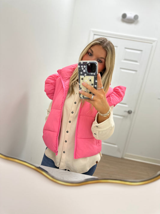 Hot Pink puffer flutter sleeve vest with pockets