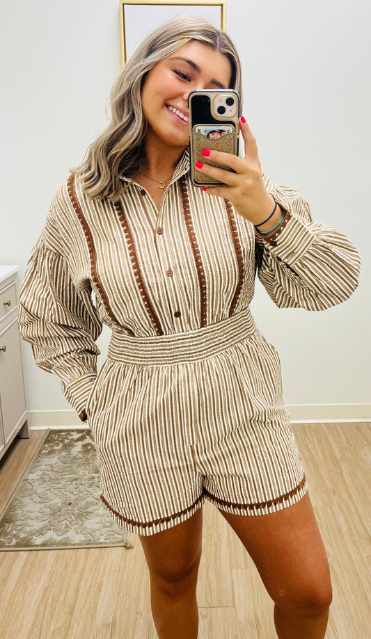 Mocha Stripe Button Down Romper