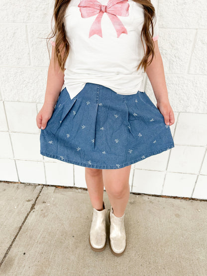 Bow Pleated Denim Skirt