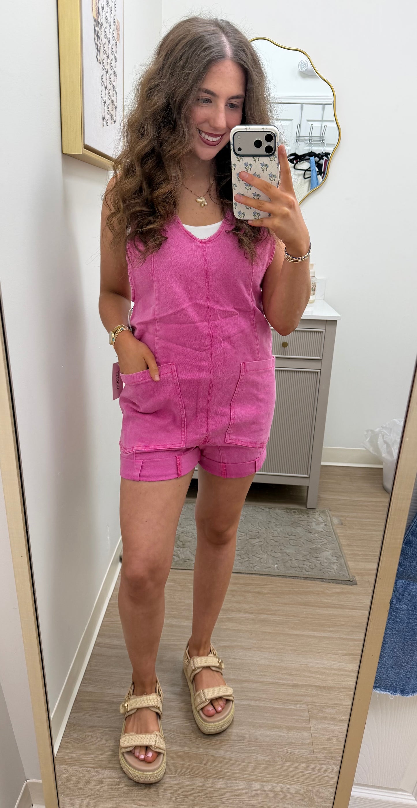 Hot Pink Washed Denim Romper