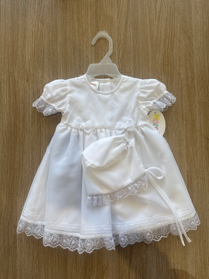 White bow heirloom dress with bonnet