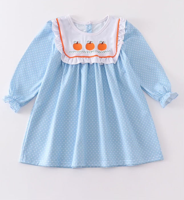 Blue polka dot pumpkin embroidery dress