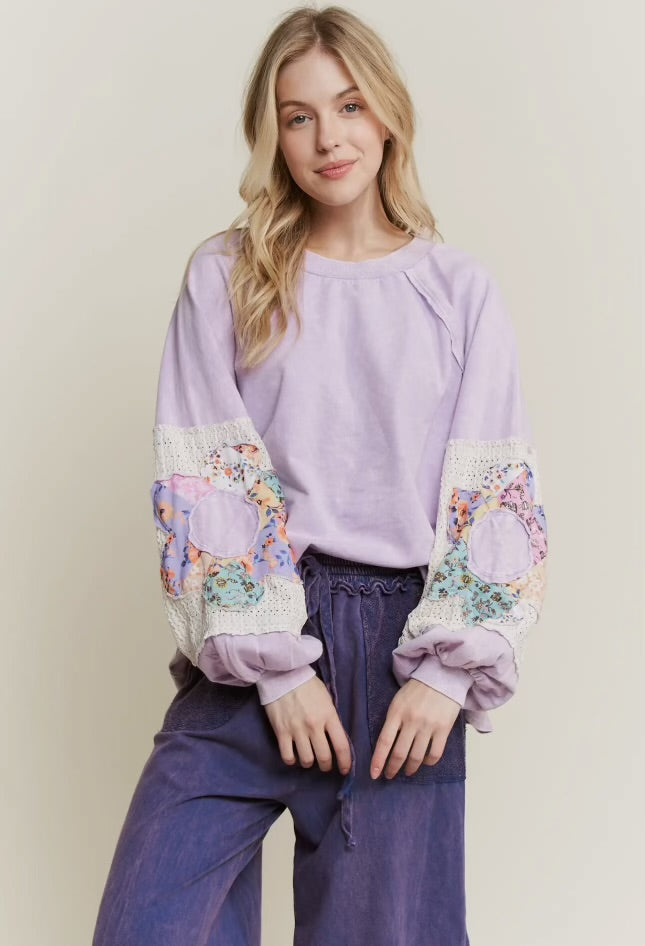 Mineral washed crochet flower sleeve sweater