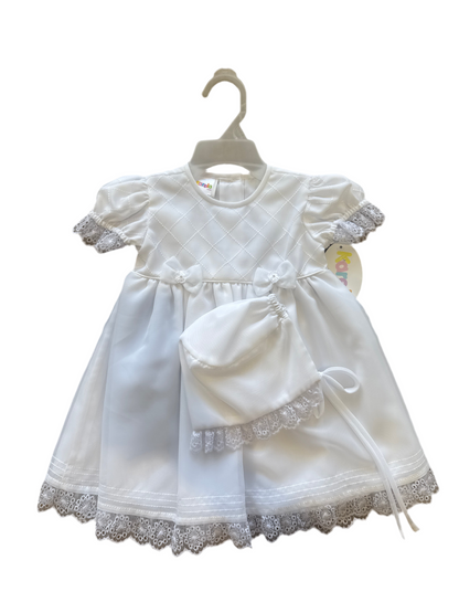 White bow heirloom dress with bonnet