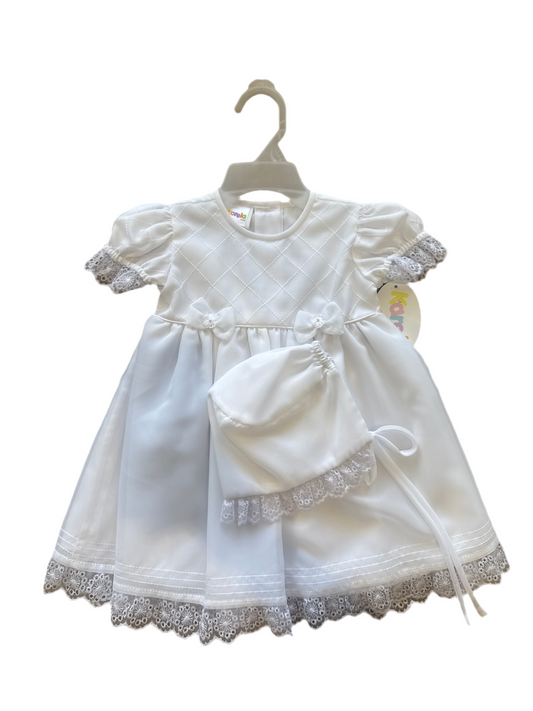 White bow heirloom dress with bonnet