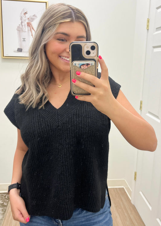 Oversized V-neck Sweater Vest- Black
