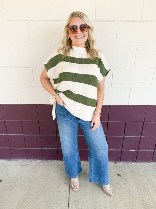 Olive Green & Ivory Striped Sweater-Jodifl