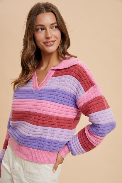 Pink and purple striped vneck sweater