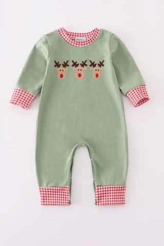 Rudolph Sage and Gingham Trim Romper