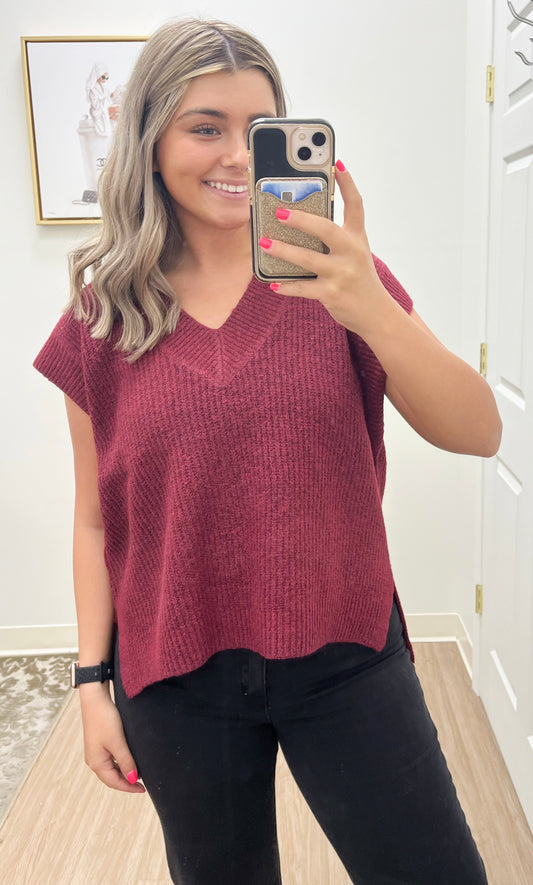 Oversized V-neck Sweater Vest- Maroon