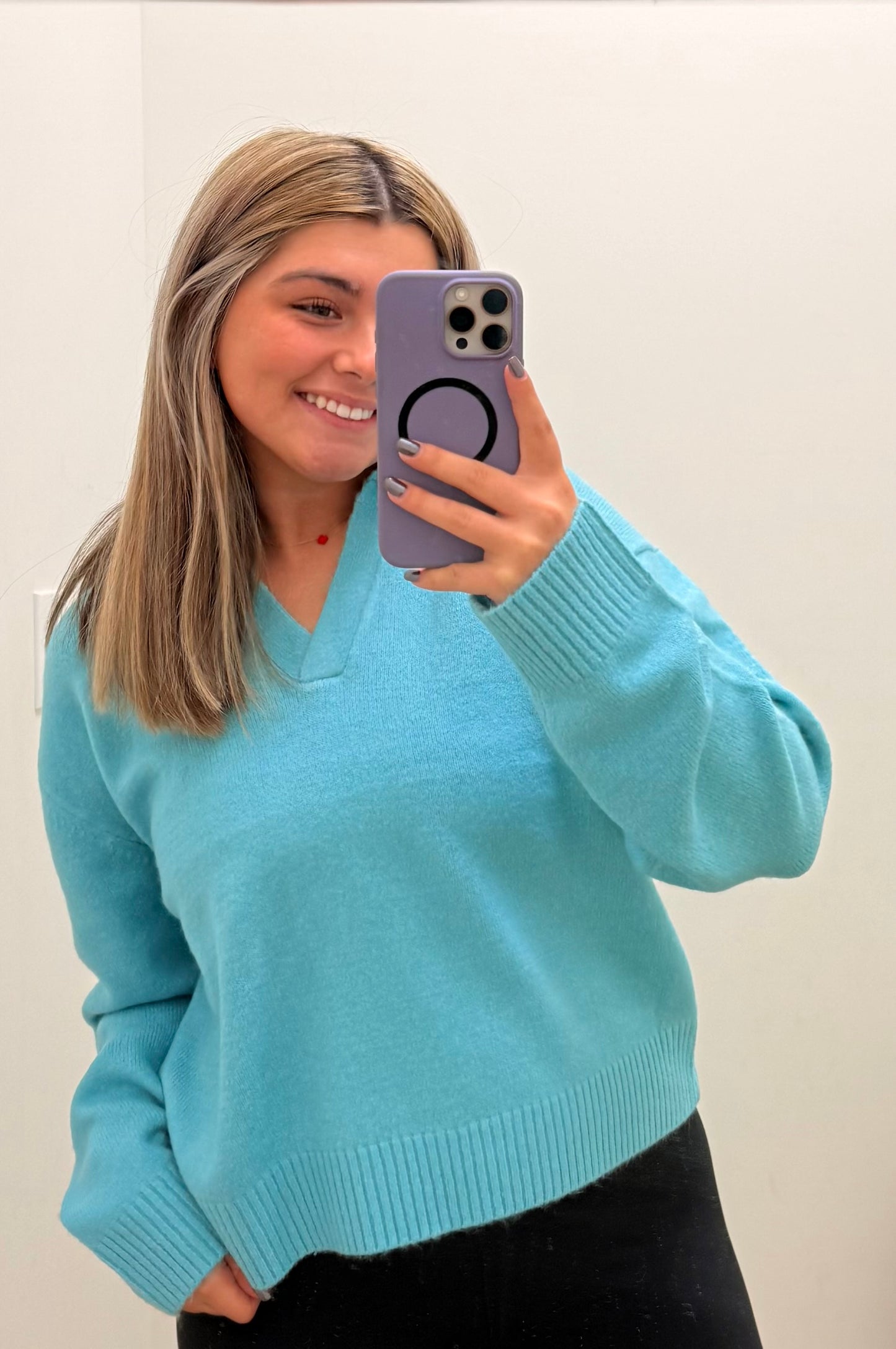 V-neck Collared Sweater- Aqua