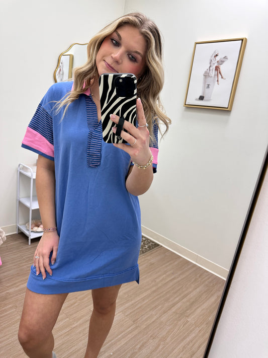Royal Blue Striped Collared Mini Dress