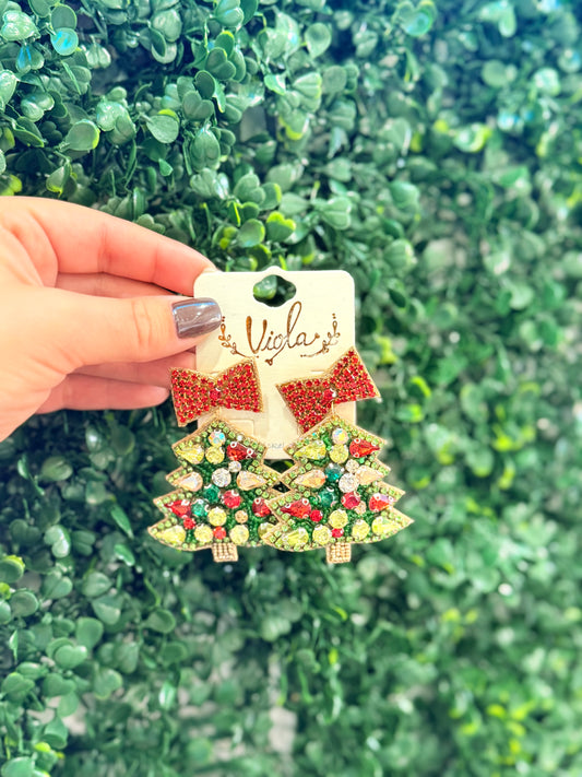 Jeweled Red Bow Christmas Tree Earrings