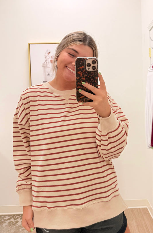 Cream and Maroon Striped Oversized Sweater