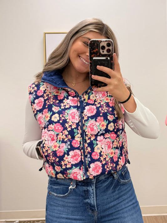 Bloom Navy Puffer Vest- Simply Southern