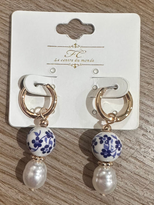 Blue Blossom & Pearl Earrings