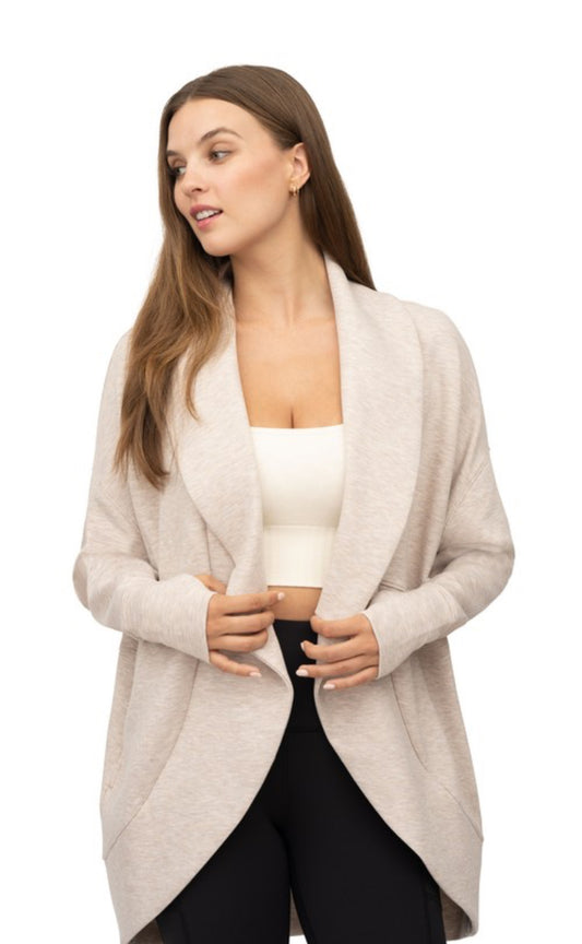 Heather Nacreous Cloud Soft Scuba Cardigan with Side Seam Pockets