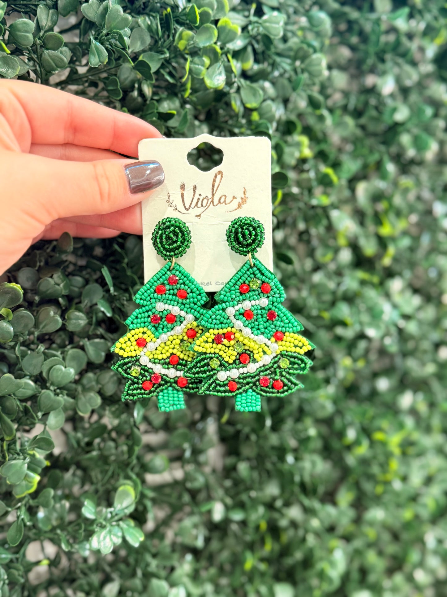 Green Beaded Christmas Tree Earrings