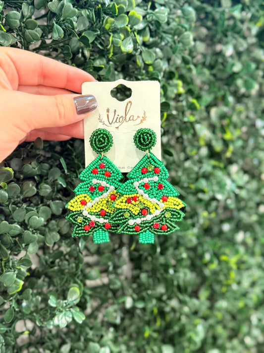 Green Beaded Christmas Tree Earrings