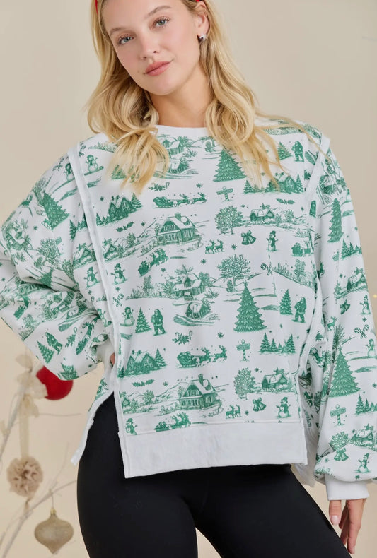 Holiday Green Toile Sweatshirt- Main Strip
