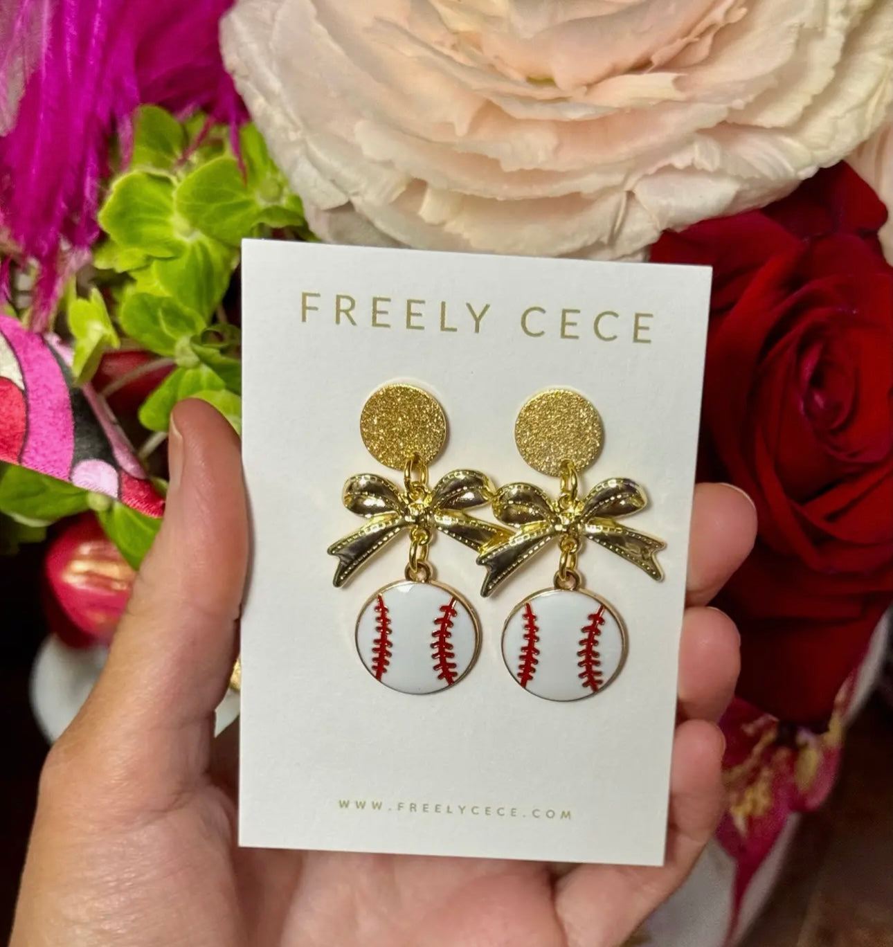 Gold Bow Baseball Earrings
