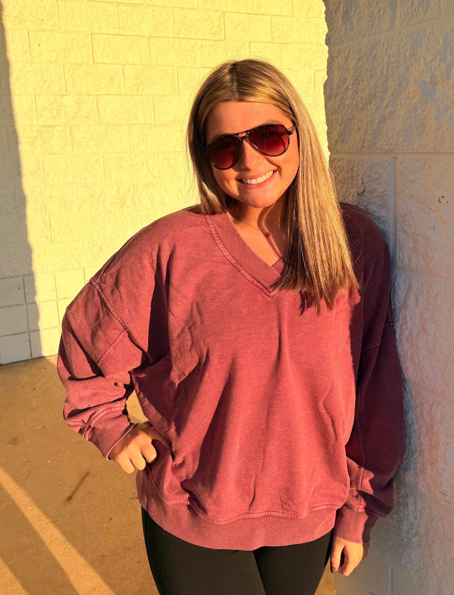 Wine French Terry V-Neck