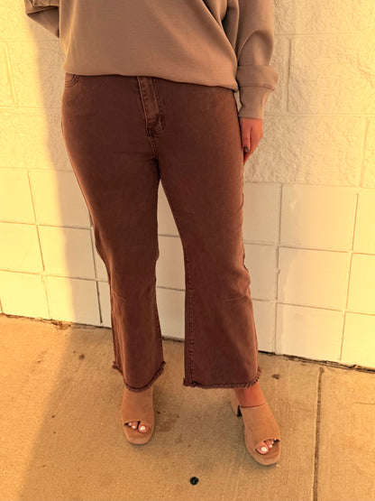 Acid Wash Cutoff Hem Straight Leg Jeans- Chocolate