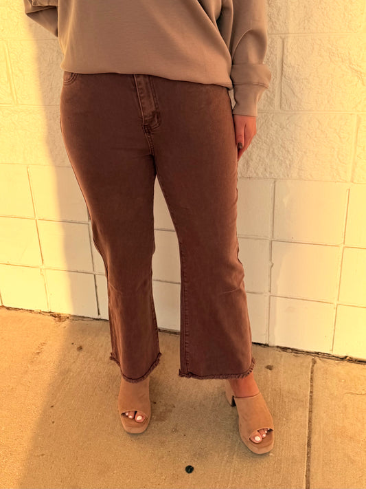 Acid Wash Cutoff Hem Straight Leg Jeans- Chocolate