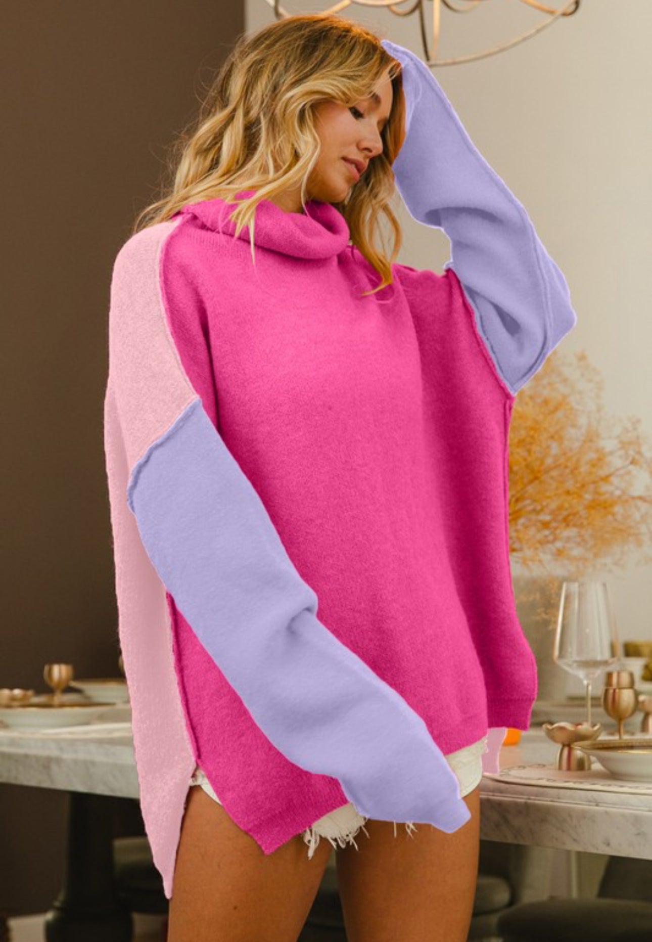 Magenta Colorblock Turtleneck Sweater