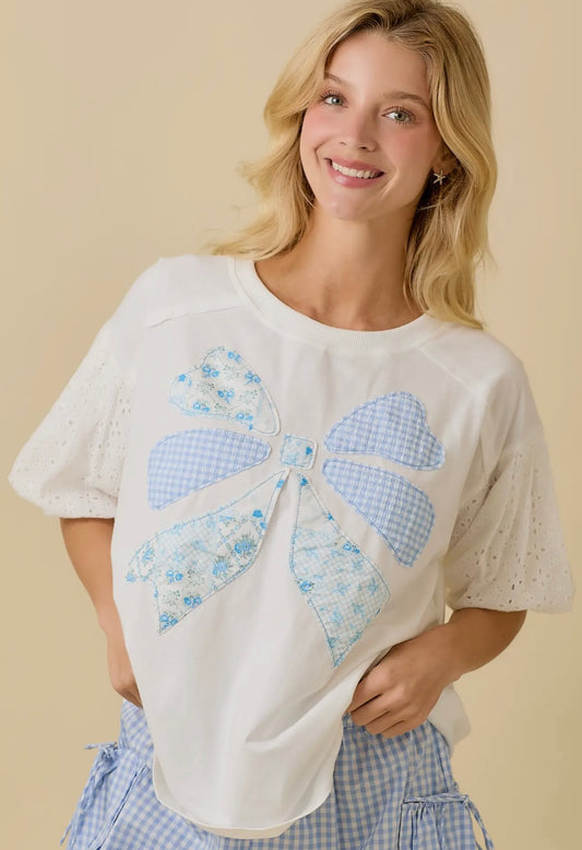 Blue Patchwork Bow Shirt Main Strip